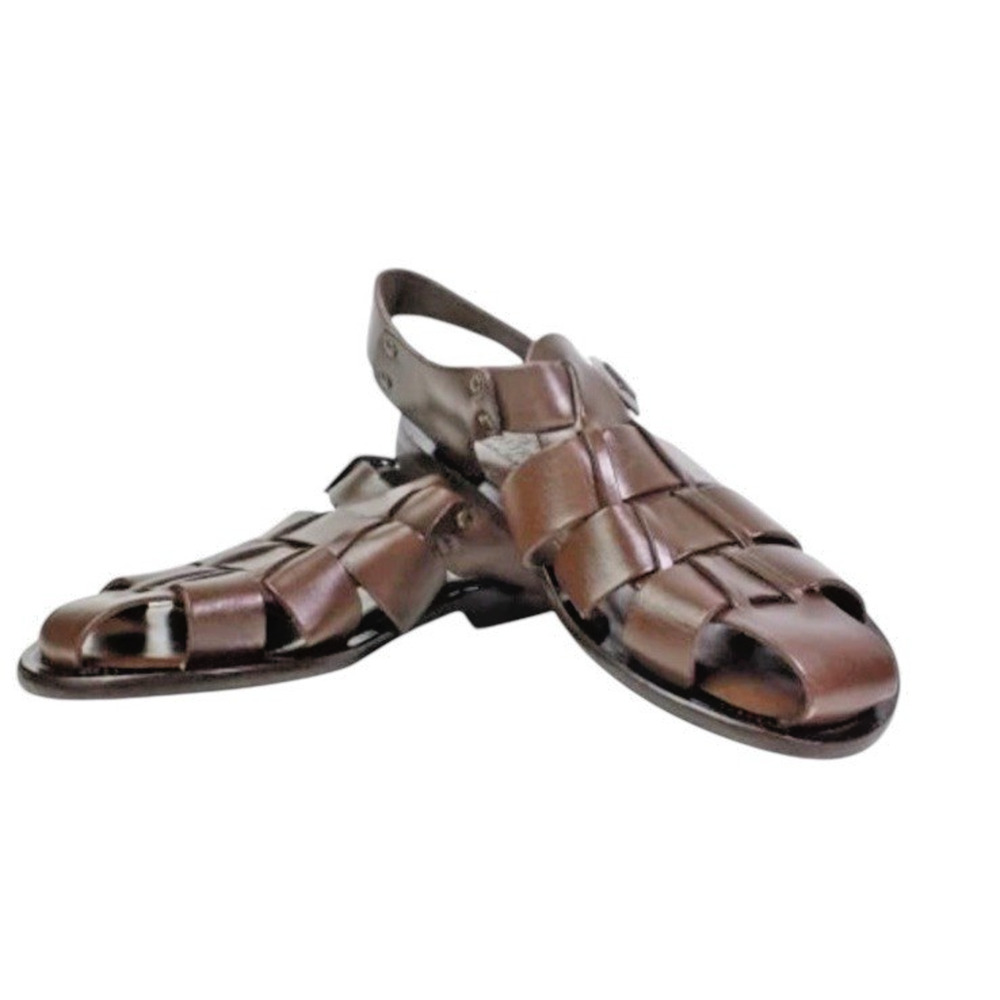 Leather Italian Sandals Men 12D Brown Genuine Leather Woven Shoe Handmade Cruise